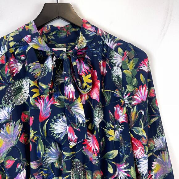 J.Crew XS Floral Tie-Neck Knee Length Dress Navy Blue Fit & Flare Dress - Picture 2 of 13